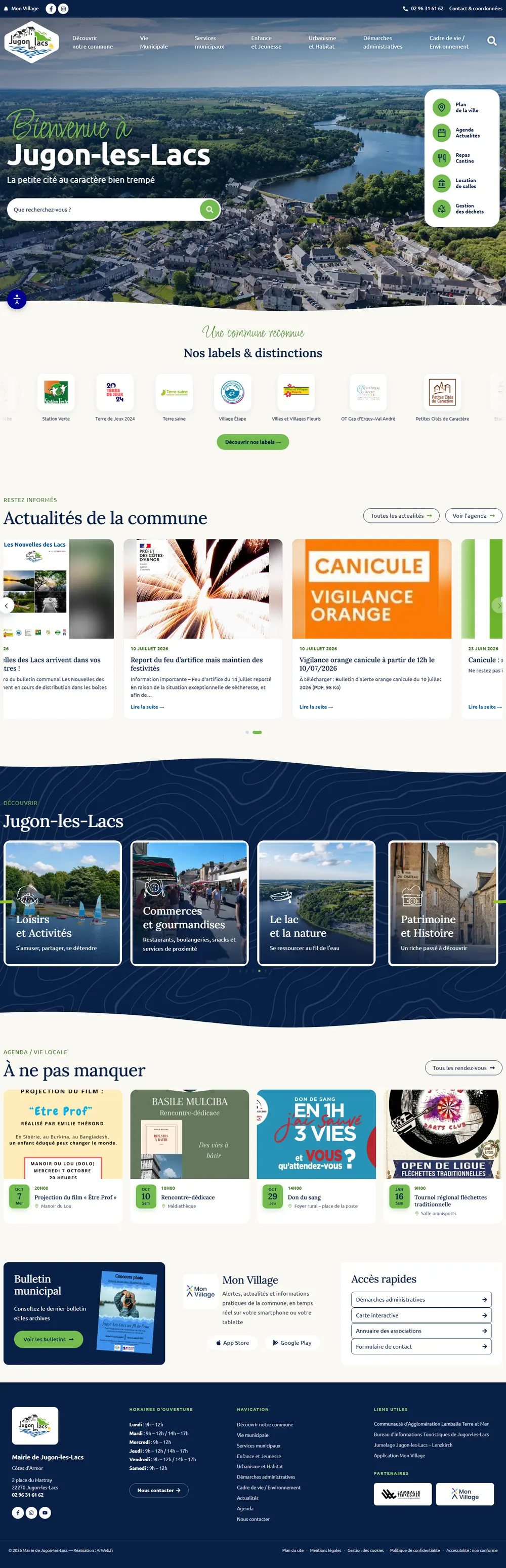 La page d’accueil complète du site de Jugon-les-Lacs